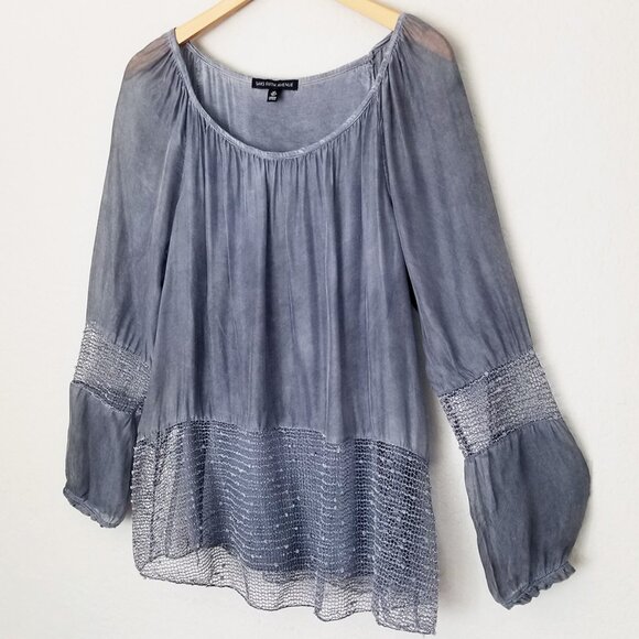 Saks Fifth Avenue Silk Blend Blouse S Blue Gray Crochet Sequins Italy Lagenlook - Picture 1 of 16